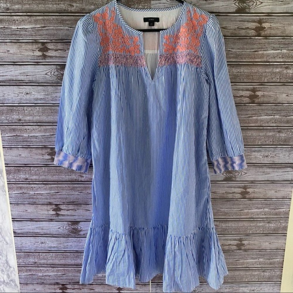 J Crew Women's Dress‎ Size XS Blue White Pin-Striped 3/4-Sleeve Pink Embroidery